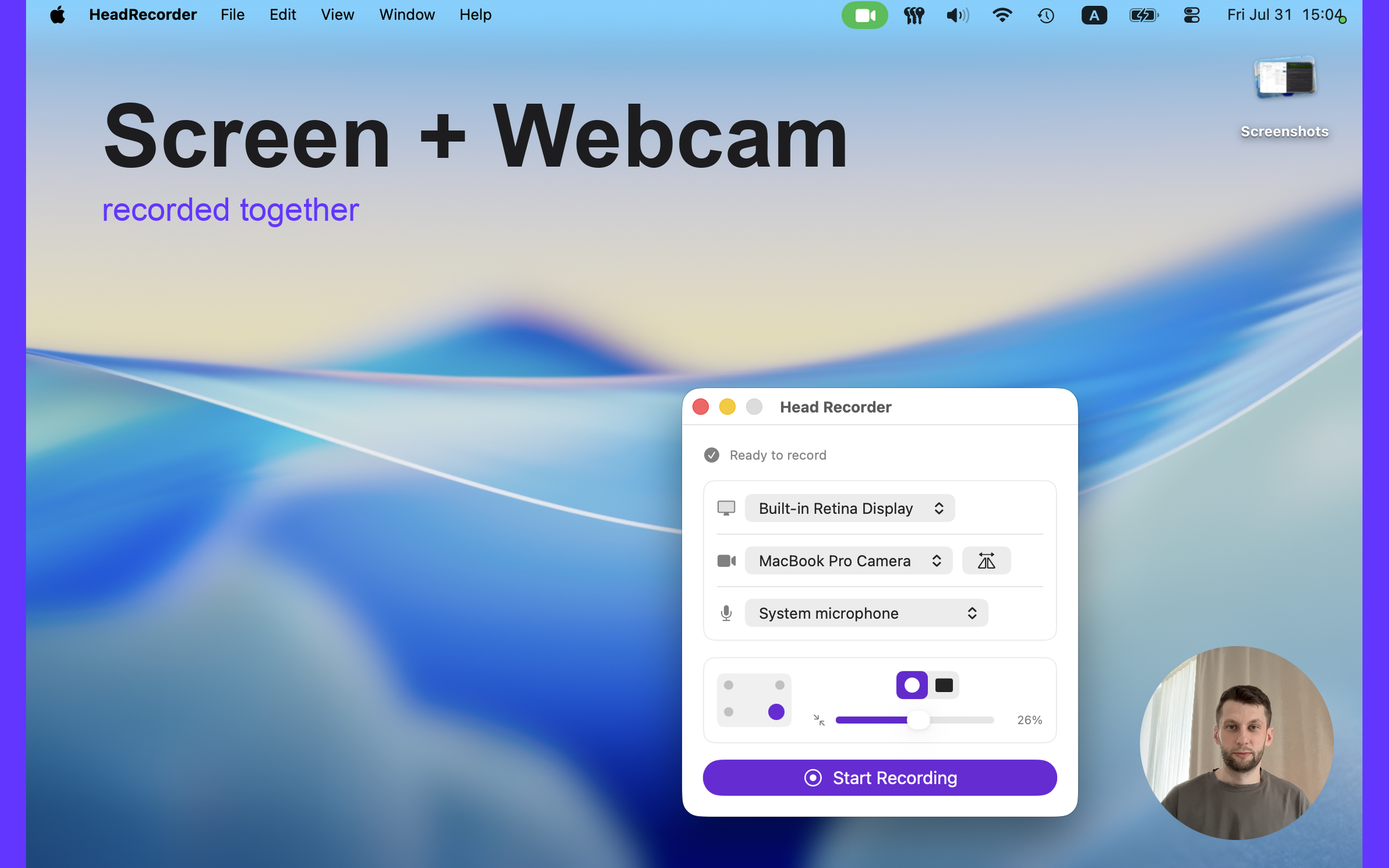 Head Recorder on Mac — screen and webcam recorded together
