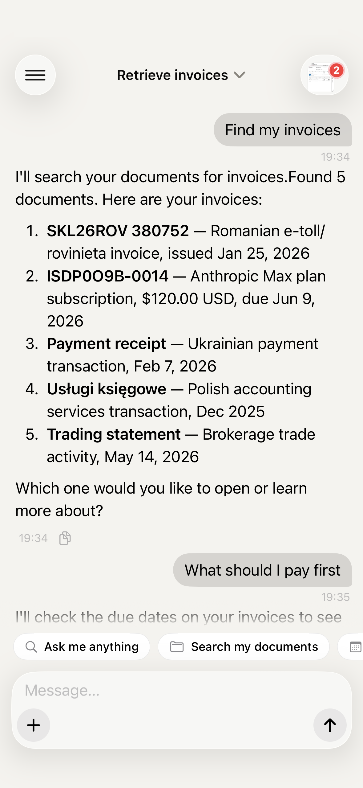 Hooh AI Chat — retrieving invoices